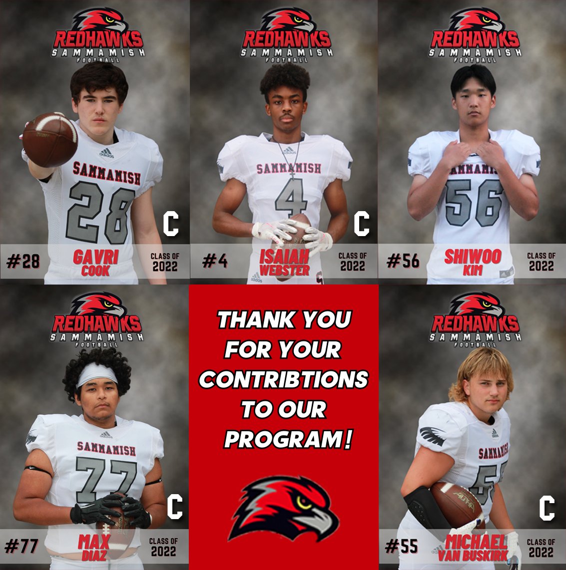 RedHawksFtbl's tweet photo. Best wishes  to our 2022 seniors tomorrow night! Your contributions have been tremendous, and all your 🩸, 💦, &amp; 💧's are duly noted! It's your final home game, so leave your final mark on Sammamish RedHawks football and go out with a 💥💥💥 #DefendTheNest #WingsUP 🦅🏈🔴⚫️💯 https://t.co/eJDzyF3fLe