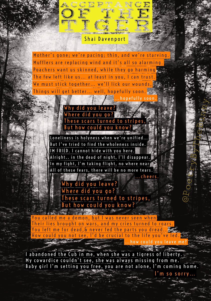 PShmoetry's tweet photo. This weeks poetic contributions to our “Trauma” theme:
First poem: Shai Davenport
@shaibunnystuff 

Second Poem: Marley
@marlethemazed 

Third poem: Leslie Lea
IG:thebohemianoutpost 

#trauma #poetrycommunity #poetrylovers #tigercubs #abandoned #anxiety #neglect #childhood #alone https://t.co/o60HRRM3yo