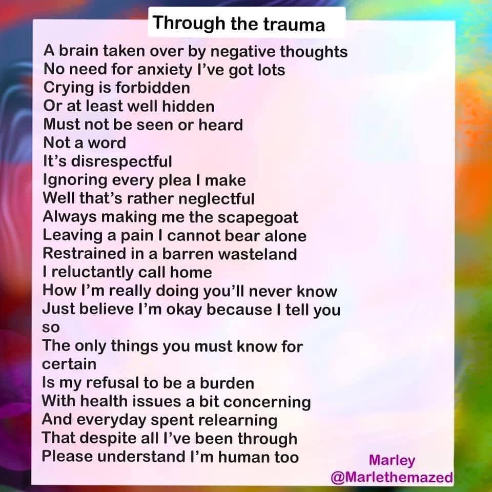 PShmoetry's tweet photo. This weeks poetic contributions to our “Trauma” theme:
First poem: Shai Davenport
@shaibunnystuff 

Second Poem: Marley
@marlethemazed 

Third poem: Leslie Lea
IG:thebohemianoutpost 

#trauma #poetrycommunity #poetrylovers #tigercubs #abandoned #anxiety #neglect #childhood #alone https://t.co/o60HRRM3yo