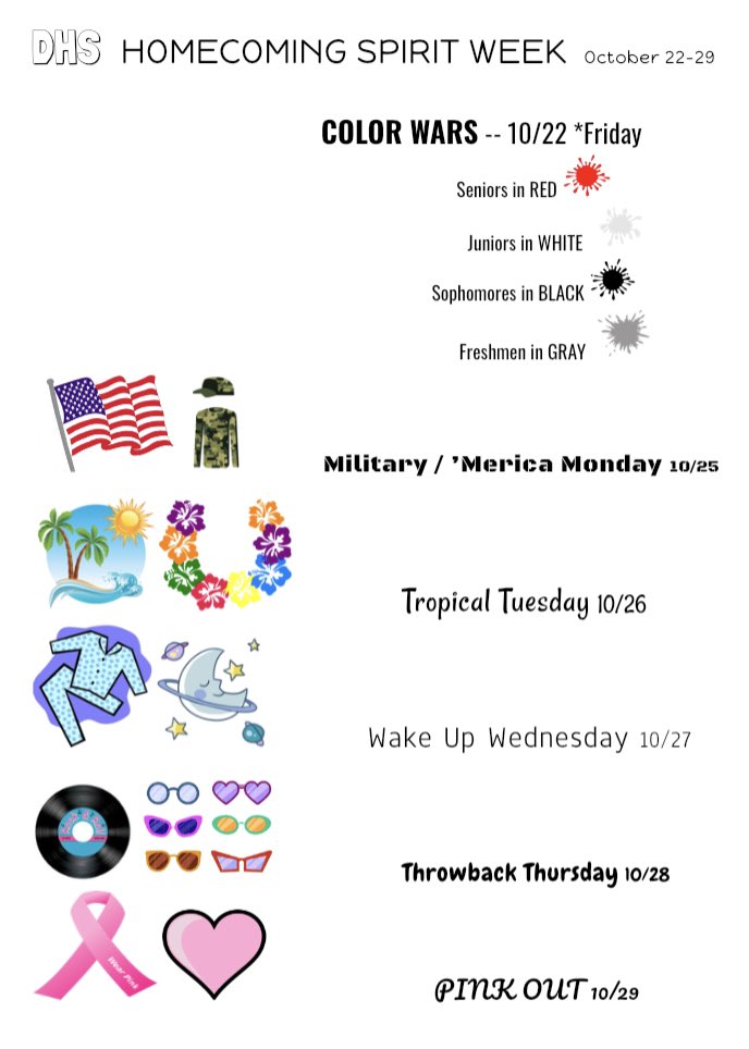DHS Homecoming Spirit week starts tomorrow! 
Tomorrow is COLOR WARS and our first pep rally of the year. 👏🏼 
Come in tomorrow dressed head to toe in your class color to show your school spirit ❤️‍🔥❤️‍🔥

❤️Seniors in RED 
⚪️Juniors in WHITE 
◼️Sophomores in BLACK
🐺Freshman in GREY