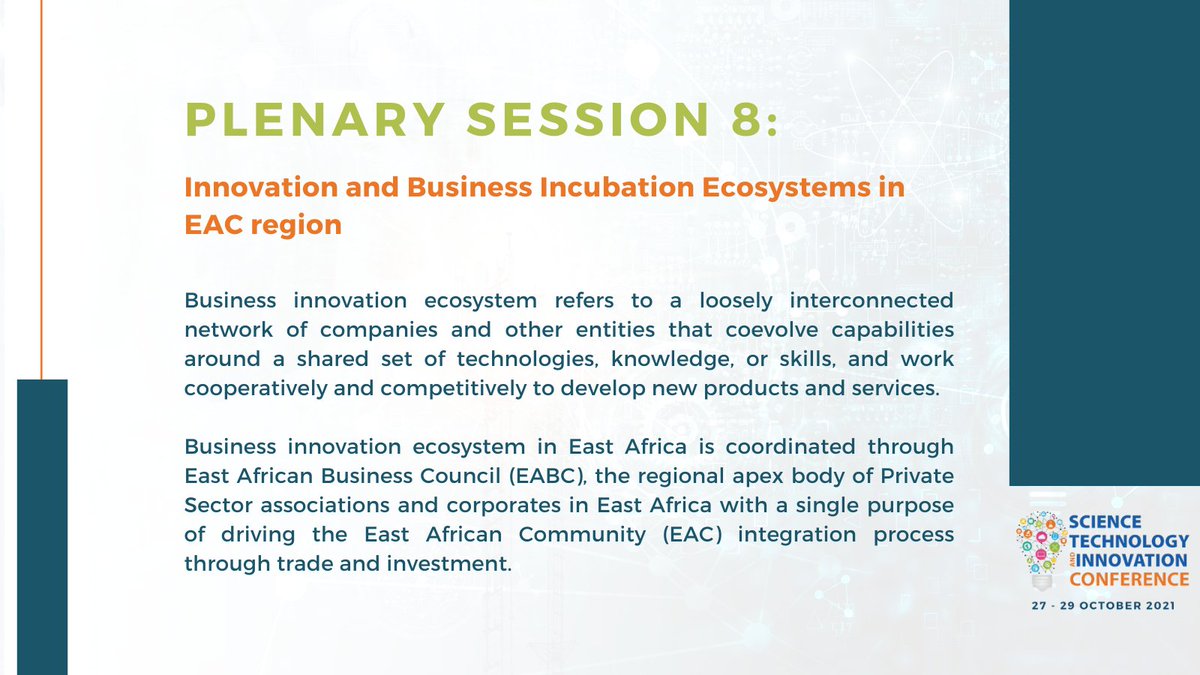 EAC_STI's tweet photo. #PlenarySession8 will address 'Innovation & Business Incubation Ecosystems in EAC region' with #KeynoteSpeaker-John Bosco Kalisa @jbkalisa, giving an address on 'Building resilient innovation & Business incubation ecosystems in EAC Region
#EACSTIConference
https://t.co/JJF9PKnS2U https://t.co/m7BA4waXHV