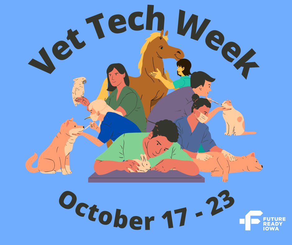 This week, we recognize all of the hardworking #VeterinarianTechnicians who help our furry friends stay healthy. #VetTechs play a pivotal role in Vet clinic operations. Get more info about #VetTech programs available in #Iowa here: FutureReadyIowa.gov. #VetTechWeek