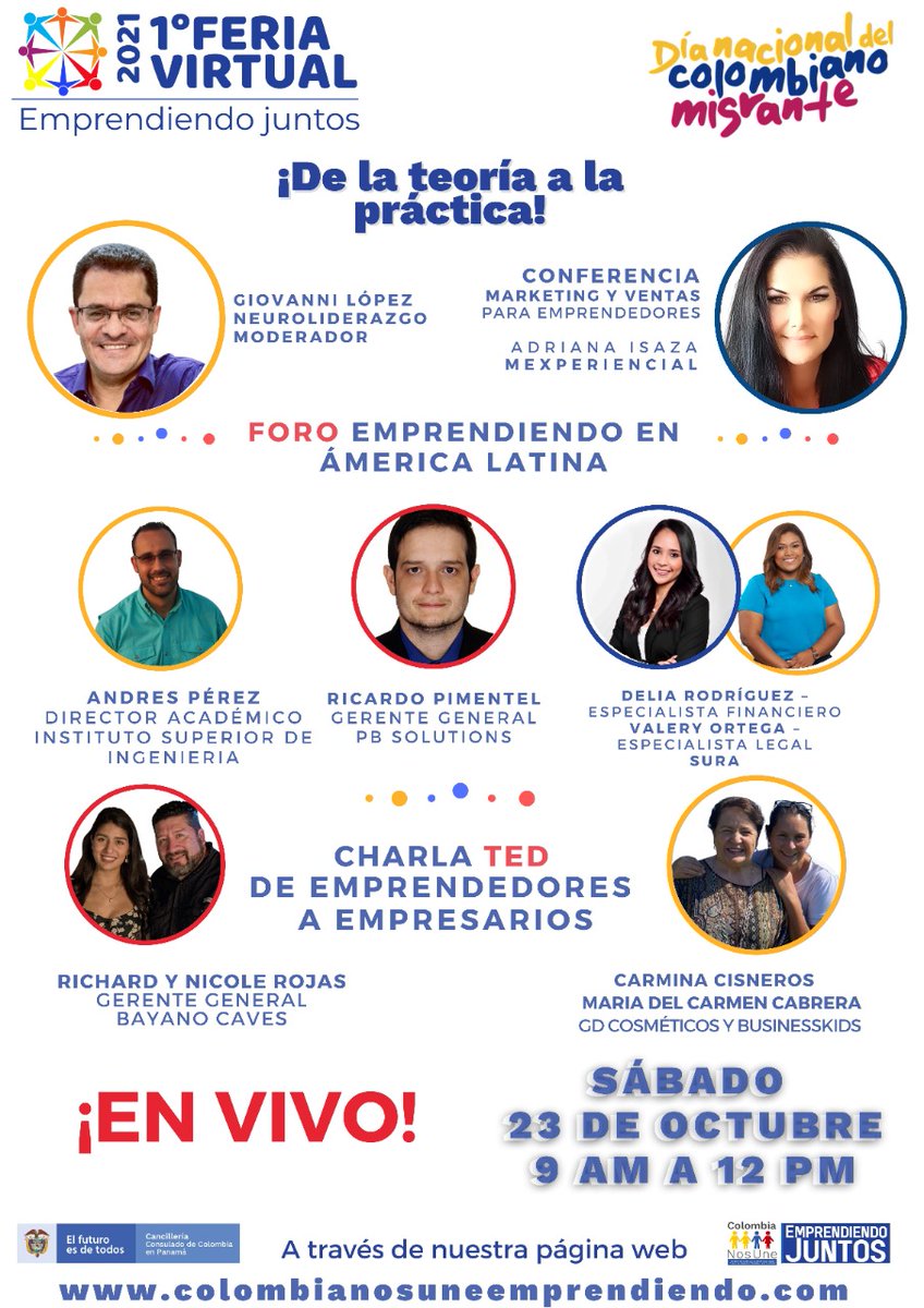 EmbajadaColPan's tweet photo. ¡No te pierdas este gran foro de emprendimiento!

Evento organizado por el Consulado General de 🇨🇴 en🇵🇦 en el marco del Día Nacional del Colombiano Migrante. 

@ColombiaNosUne @GRUPOSURA https://t.co/8RAaouvdeI