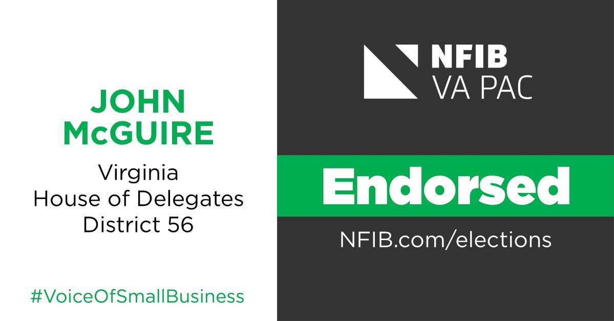 JohnMcGuire4VA's tweet photo. Honored to have the endorsement of @nfib_va! 

I look forward to continuing my work with Virginia business leaders to prioritize small business growth in our state that will create good paying jobs and stimulate our economy. https://t.co/qGLktS3oTD
