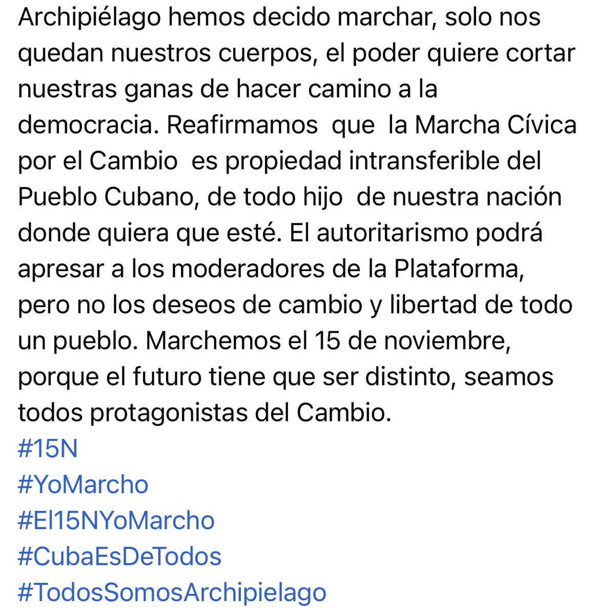 ArchipielagoCu's tweet photo. Declaración de nuestra plataforma.

#15N
#YoMarcho
#CubaEsDeTodos
#TodosSomosArchipielago https://t.co/xfmQf43D29