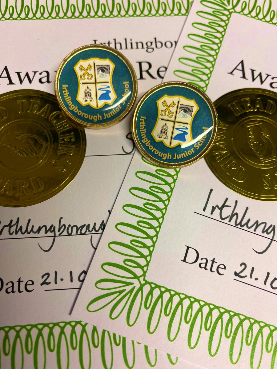 MrGarley's tweet photo. The much coveted ‘Irthlingborough Junior School Gold Award’ (I invented it last week and had badges designed and everything!) awarded to Summer and Charlotte today for their incredible fundraising last summer.🏅Golden! https://t.co/X4YgIjMPaU