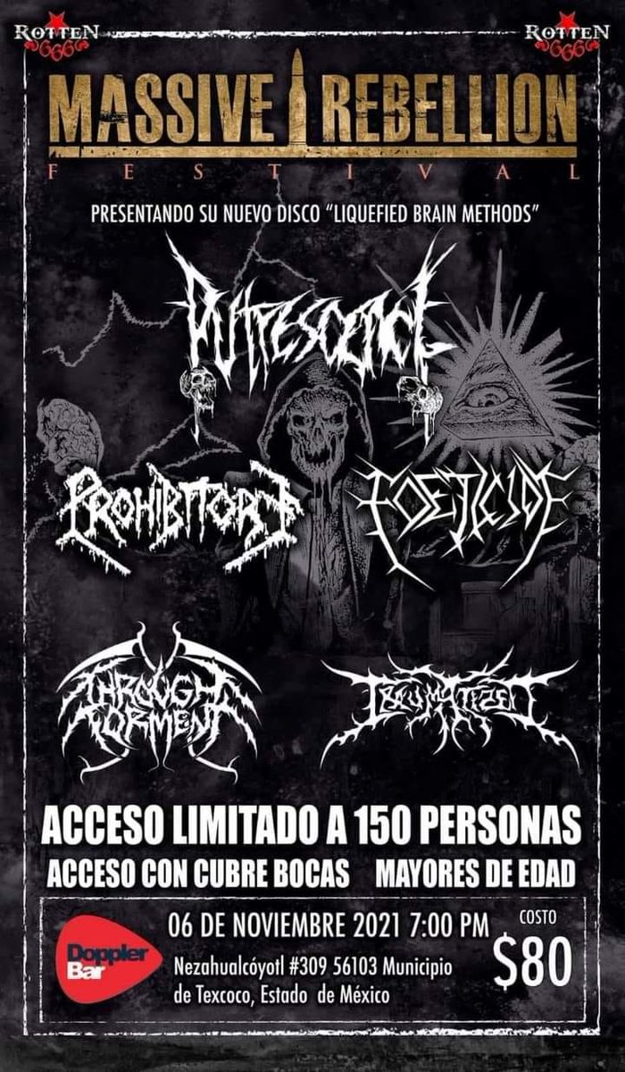 LlamadoBestia's tweet photo. El Próximo 6 de noviembre en el #DopplerBar #Putrescence presentara su disco con #Foeticide #prohibitory #ThroughTorment y una banda mas. https://t.co/EfjUkVMyh9