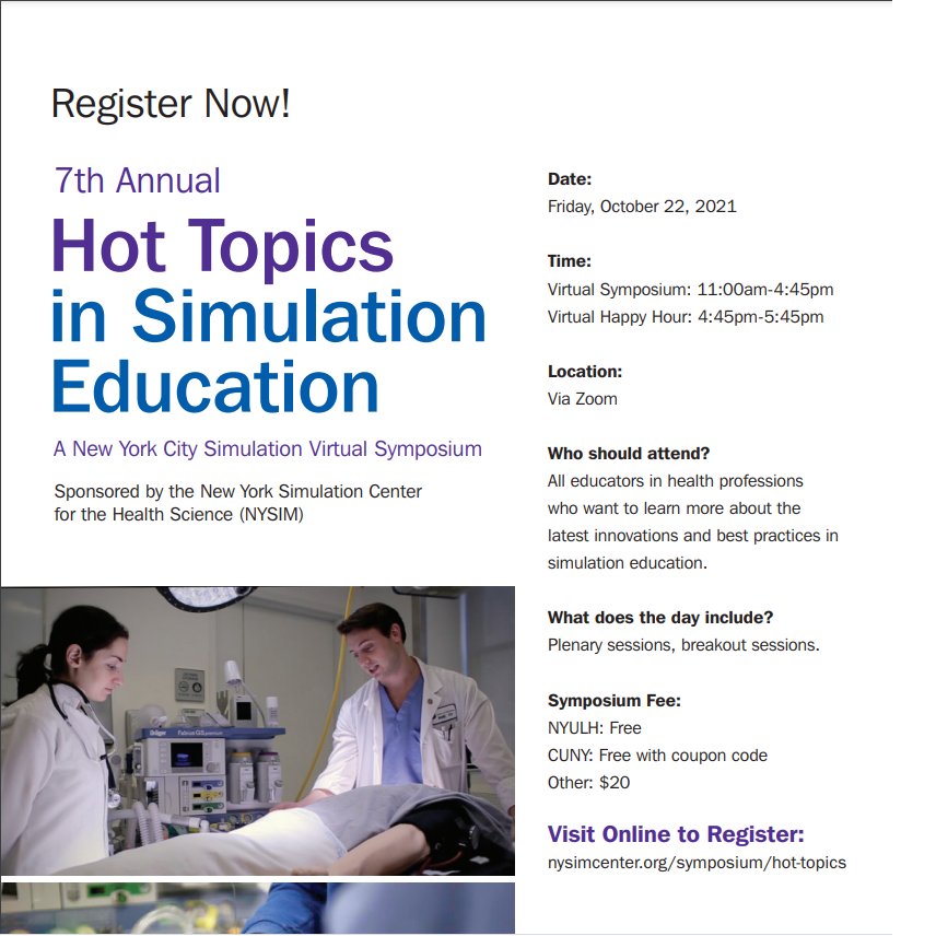 New York Simulation Center for the Health Sciences (@nysimcenter) on Twitter photo It's happening tomorrow! Our 7th Annual Hot Topics in Simulation Education (Virtual) Symposium. We have amazing plenaries & workshop presenters lined up. Can't wait to see you all there nysimcenter.org/symposium/hot-…
<a href="/SocraticEM/">Victoria Brazil</a> <a href="/katejmorse2/">kate j morse</a> @s_eller <a href="/JaniceShinKim/">Janice Shin-Kim, MD</a> @SBentleyEMSim It's happening tomorrow! Our 7th Annual Hot Topics in Simulation Education (Virtual) Symposium. We have amazing plenaries & workshop presenters lined up. Can't wait to see you all there nysimcenter.org/symposium/hot-…
<a href="/SocraticEM/">Victoria Brazil</a> <a href="/katejmorse2/">kate j morse</a> @s_eller <a href="/JaniceShinKim/">Janice Shin-Kim, MD</a> @SBentleyEMSim