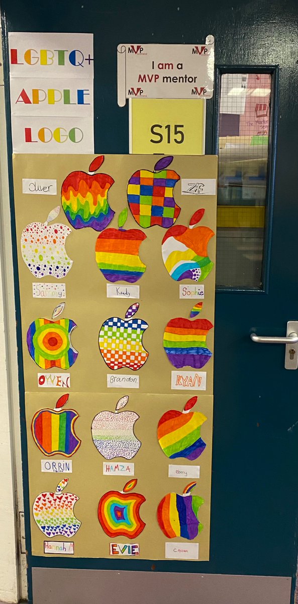 Superb work today from 1.7 ICT who were learning about LGBTQ+ and the CEO of Apple, Tim Cook. What a lovely way to brighten up our classroom door, LGBTQ+ versions of the famous Apple logo 🤩🏳️‍🌈🥰 #inclusive #loveislove @LGBTYS