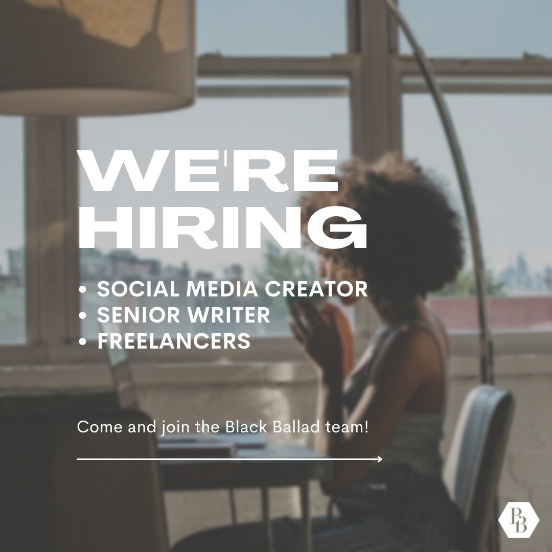 BlackBalladUK's tweet photo. WE’RE HIRING📣

Want to join the @BlackBalladUK team? We’re looking for the following:

- Social Media Creator 
- Senior Writer
- Freelancer’s

Keep reading to find out more👉🏾 https://t.co/nY2hOMAcCz