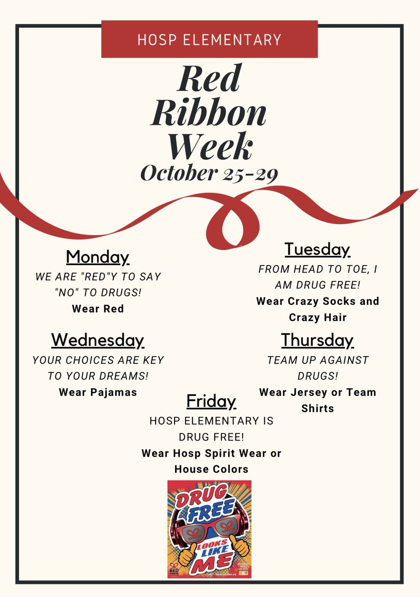 ButlerCounselor's tweet photo. Red Ribbon Week is next week! @HospElementary is ready to say No to drugs! https://t.co/PGrIsHBDvt