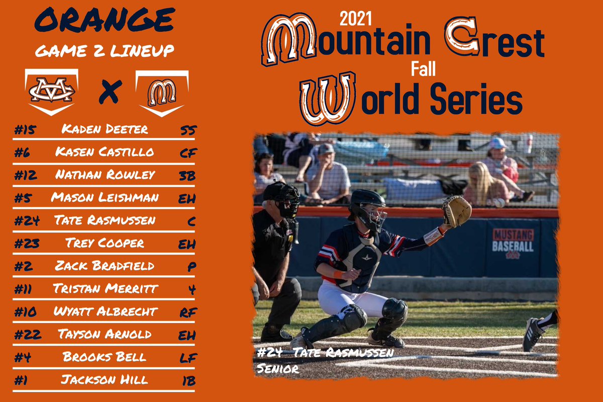 gomcbaseball's tweet photo. Here are the starting lineups for Game #2 of the Blue &amp; Orange World Series. The Blue Team looks to even up the best of 5 series. #WorldSeries #MustangsCompete https://t.co/kvVXUP5bD8