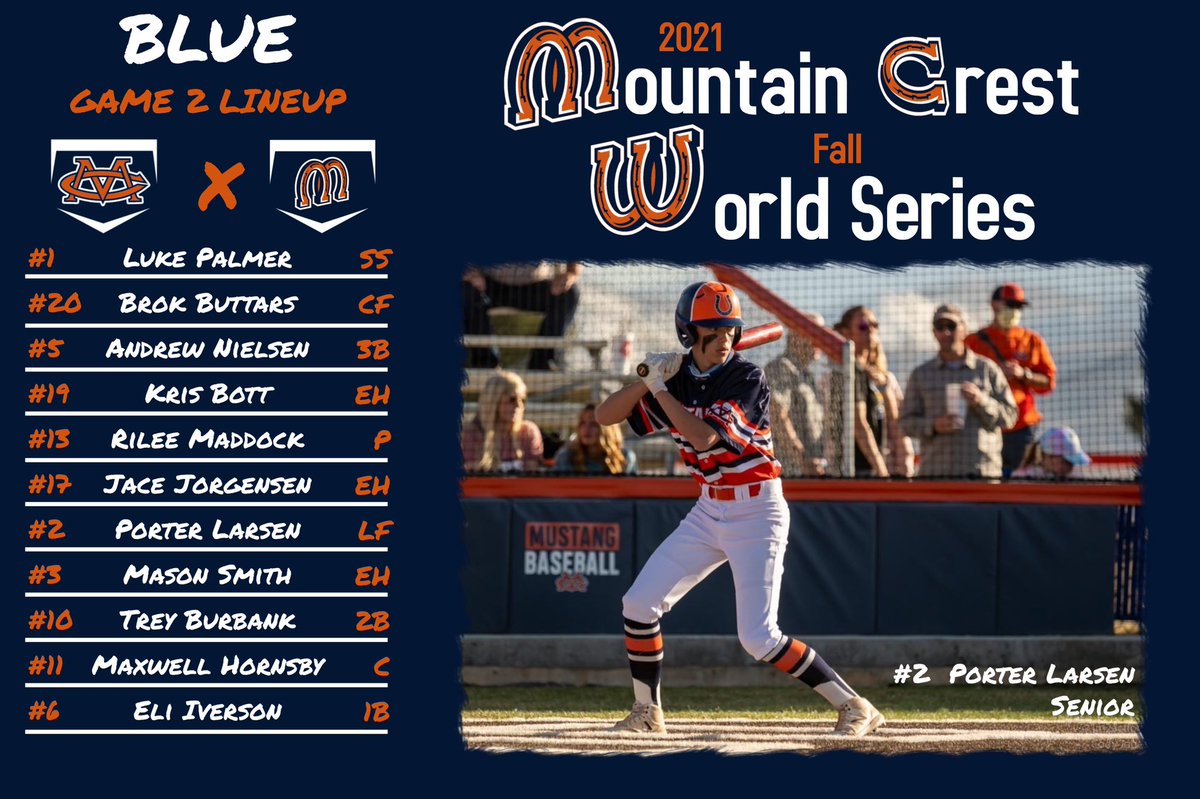 gomcbaseball's tweet photo. Here are the starting lineups for Game #2 of the Blue &amp; Orange World Series. The Blue Team looks to even up the best of 5 series. #WorldSeries #MustangsCompete https://t.co/kvVXUP5bD8