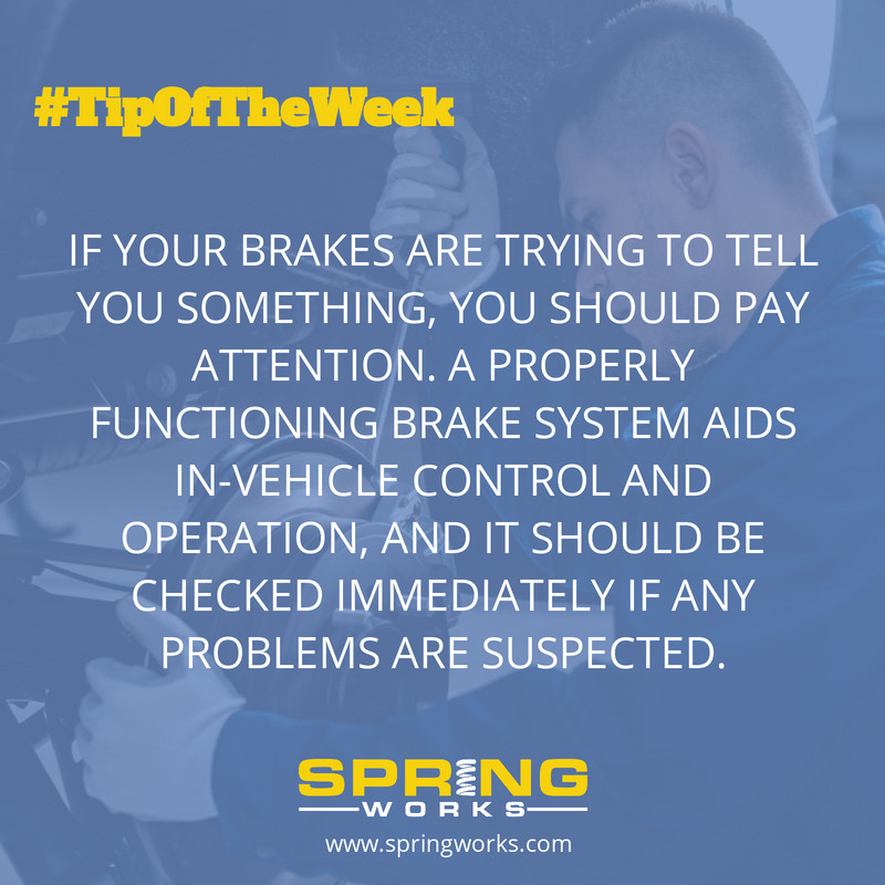 spring_works's tweet image. #TipOfTheWeek

If your brakes are trying to tell you something, you should pay attention. A properly functioning brake system aids in-vehicle control and operation, and it should be checked immediately if any problems are suspected. Give us a call and sche springworks.com/automotive-bra…