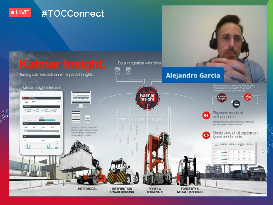 mundomaritimo's tweet photo. Alejandro García de @Kalmarglobal presenta la charla "Connectivity as Key Enabler to Achieve Sustainability, Safety and Productivity Targets" en el panel "Transforming Port Operations" durante #TOCConnect #Americas @TOCWorldwide #MundoMaritimo @KalmarMexico https://t.co/5Vu9u9Edig