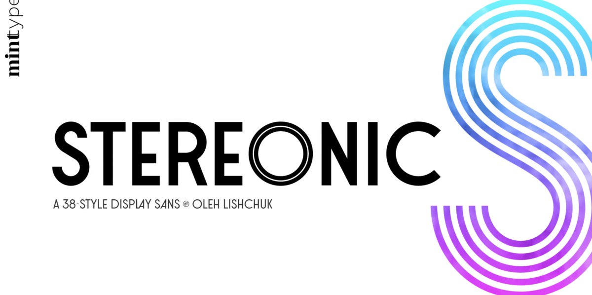 MyFonts's tweet photo. Oleh Lishchuk’s 39-style Stereonic has so much: stencil, multiline, contour, #wordmarks, #icons #Cyrillic support &amp; more – this #deco-ish #sans does it all &amp; you can layer different styles for multicolor effects. 60% off during #Fontacular: https://t.co/uxWxkhTrux https://t.co/xOqPcyAVNV