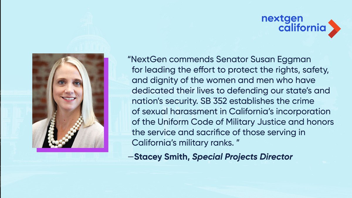 NextGen_Policy's tweet photo. California became the first state in the nation to make sexual harassment punishable within the state’s military ranks with @CAgovernor’s signature of #SB352. Hear more from NGP’s Special Projects Director, Stacey Smith 👇🏾 https://t.co/EWqwQMXBoH