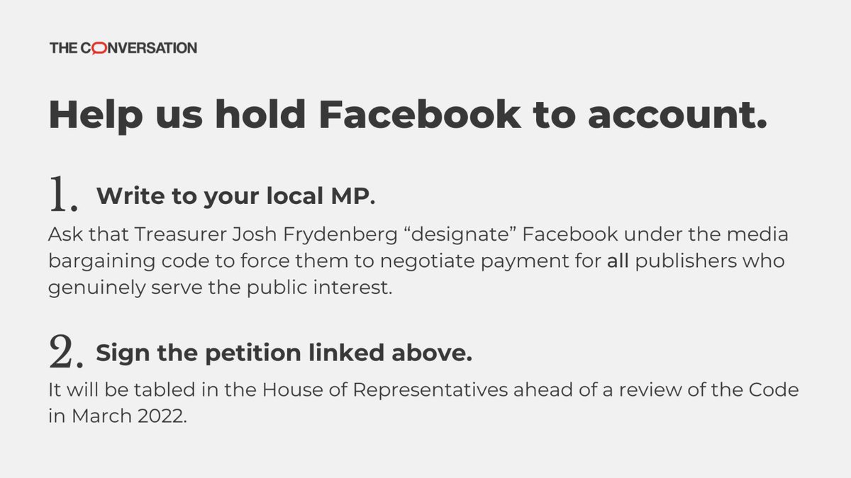 ConversationEDU's tweet photo. Facebook has refused to pay for content from The Conversation. 
 
Sign this petition and help us hold Facebook to account:
https://t.co/Jvyg4dmQtO https://t.co/bTobkzqBoN