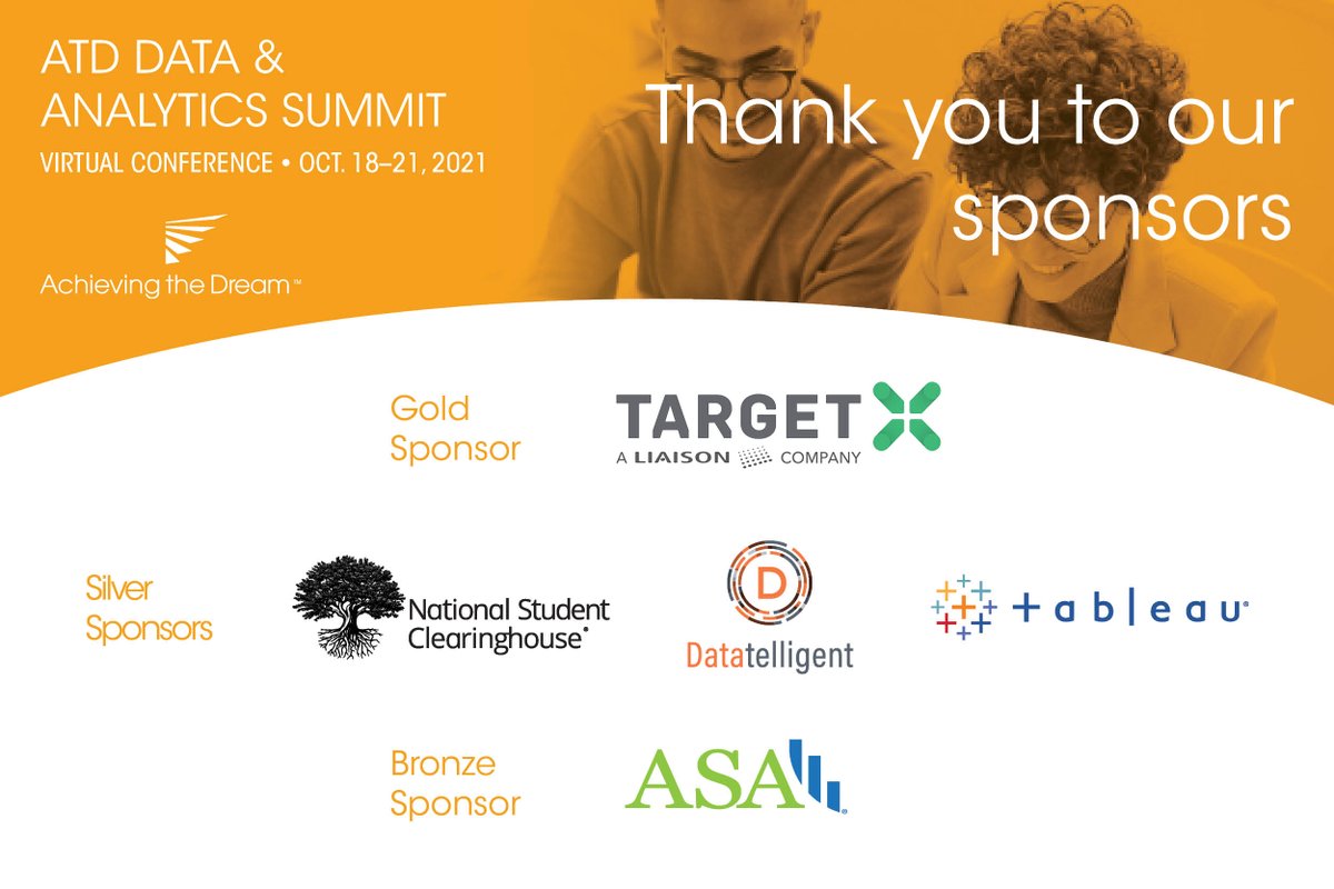 AchieveTheDream's tweet photo. Thank you to the speakers, panelists, and participants who made the 2021 #ATD_Data Summit a success!
Thanks also to the event sponsors who supported our virtual programming: @targetx, @NSClearinghouse, @tableau, and @AmstatNews. https://t.co/17lzEO9K6V