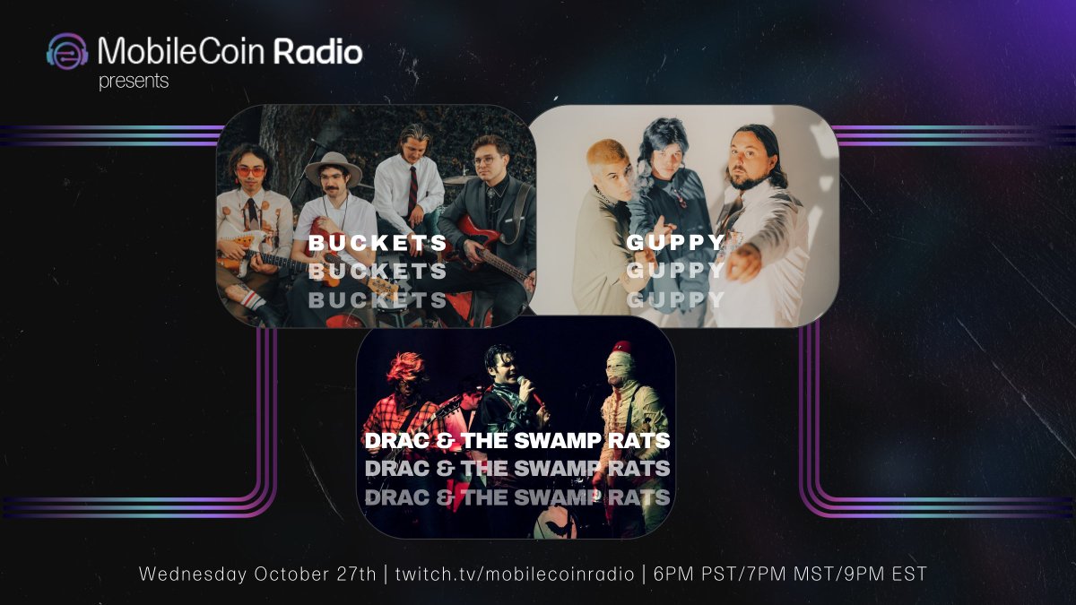 MobilecoinRadio's tweet photo. Next week we have another Halloween special to get you in the mood featuring GUPPY, @bucketsband, & @DracSwampRats!
π»π§ββοΈπ§ββοΈπ€‘
#mobilecoin #mobilecoinradio #spookyseason #halloweenlivestream https://t.co/mIZmfKVT4t