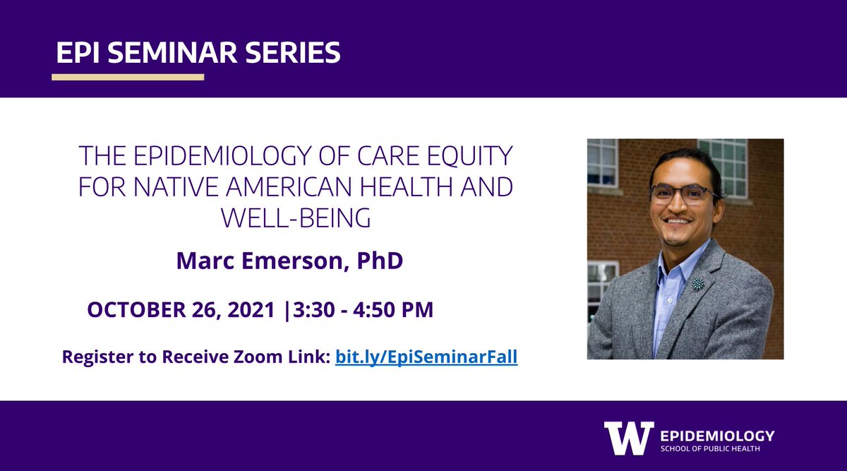 Join us for Tuesday's Epi Seminar! <a href="/MarcAEmerson/">Marc Emerson, PhD, MPH</a> will provide social and historical context for understanding and addressing health disparities in Native American communities, many of which are exacerbated by COVID-19. epi.washington.edu/news-events/ev…