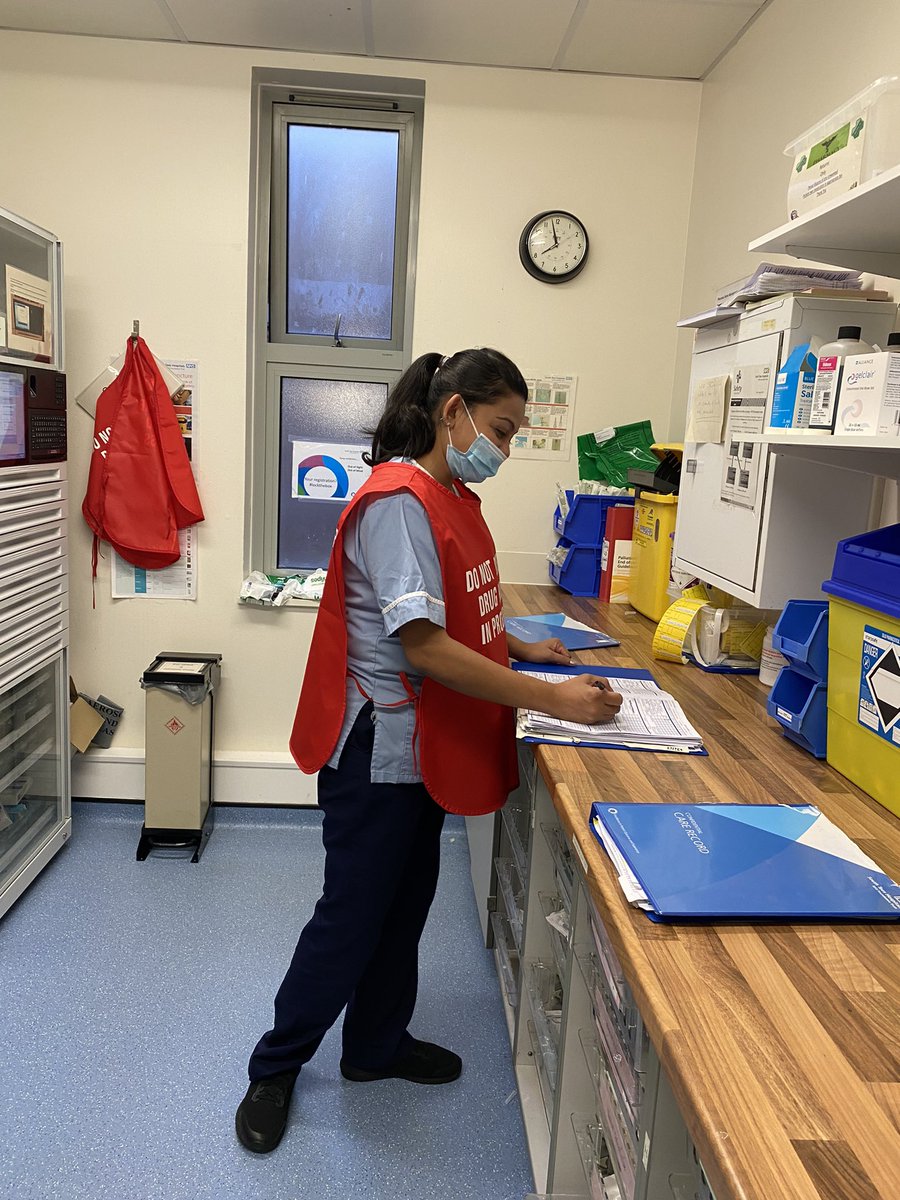 Staff nurse Neethu following ‘pass the tabard’ and staggering medication rounds on the ward for patient safety to ensure her medication round is safe and timely with less interruptions and queueing in the treatment room <a href="/steespharmacy/">South Tees Hospitals Pharmacy Department</a> <a href="/PtSafetySTees/">Patient Safety STees</a>.