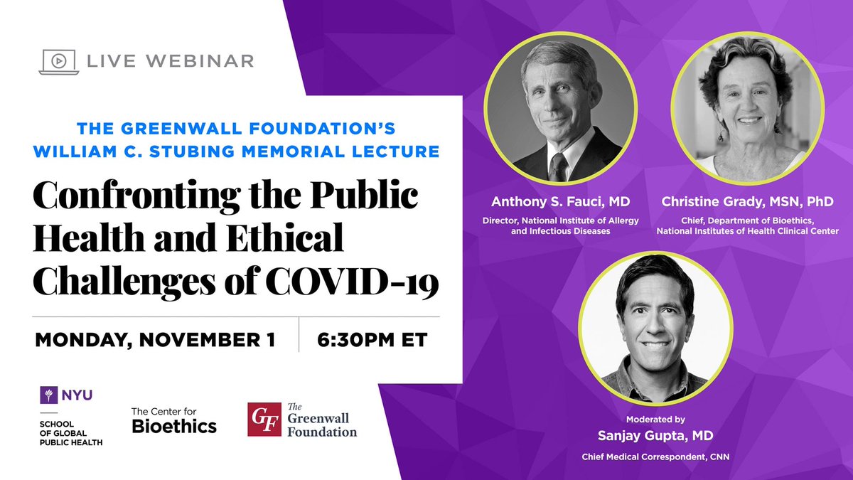 NOV 1, 6:30PM | William C. Stubing Memorial Lecture: Confronting the Public Health and Ethical Challenges of COVID-19

A conversation with Drs. Anthony Fauci and Christine Grady moderated by Dr. Sanjay Gupta
RSVP NOW: ow.ly/rhCu50GpBQz