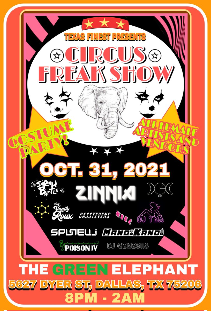 🚨🚨🚨 LINEUP ANNOUNCEMENT 🚨🚨🚨
This line up is 🔥🔥🔥🔥
October 31 <a href="/GreenElephantTX/">The Green Elephant Dallas</a> 
@zinnia_music <a href="/bakedupco/">Baked Up 🍰</a> @ogkkai_ <a href="/spunellimusic/">spunelli</a> <a href="/casstevensmusic/">CASSTEVENS</a> <a href="/DjGenesiis/">Genesiis</a> @ladyvanityroux