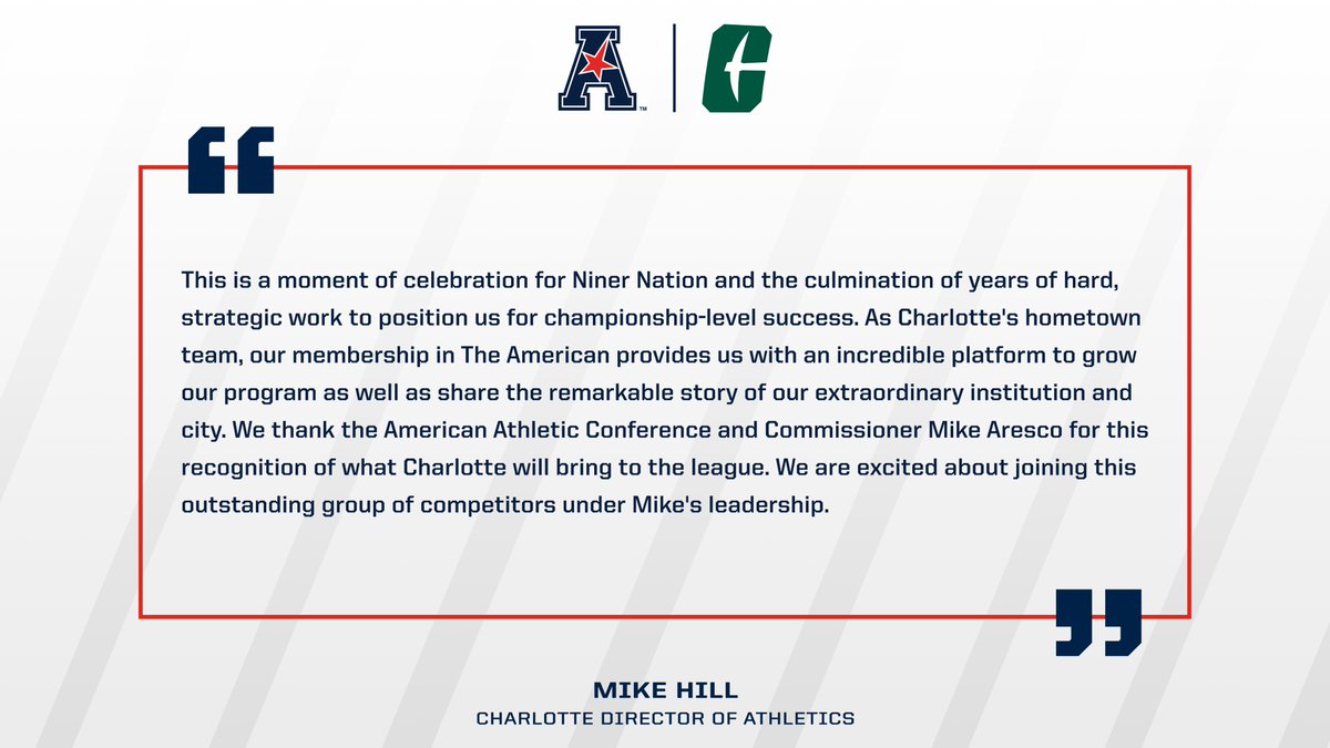American_Conf's tweet photo. Statement from @Charlotte49ers director of athletics, @rmikehill on the conference's realignment. 

#AmericanPow6r https://t.co/KcAESZlg4r