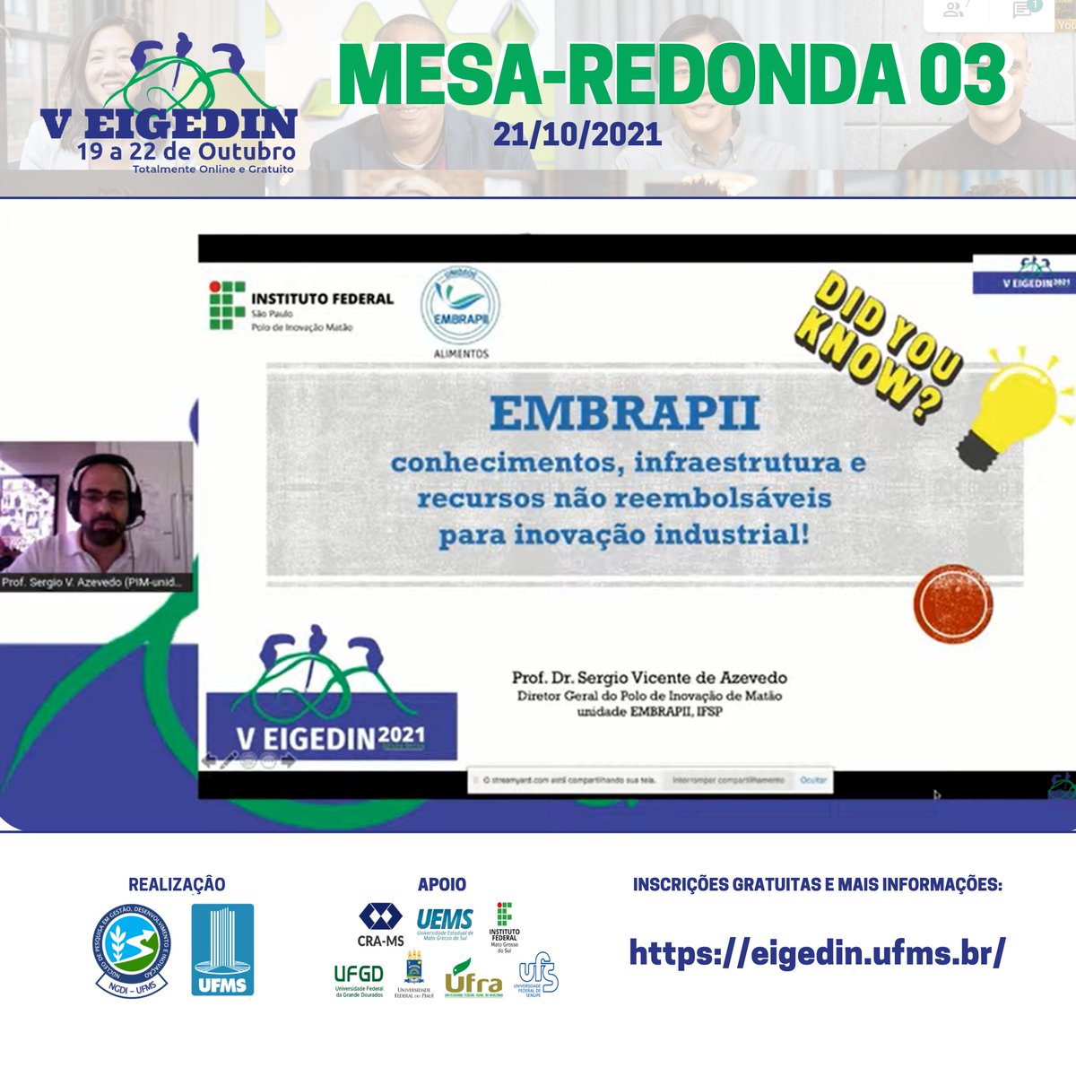 eigedin's tweet photo. Nesta tarde, o V EIGEDIN contou com a mesa-redonda - "Ciência, Mercado e Sociedade: Conexões Práticas", onde nossos convidados trataram brilhantemente de possíveis aproximações entre universidades, instituições de pesquisa com demandas do mercado e da sociedade. https://t.co/ToKybddoYD