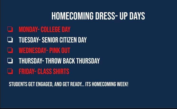 ‼️‼️ Dress up days for HOMECOMING WEEK ‼️‼️