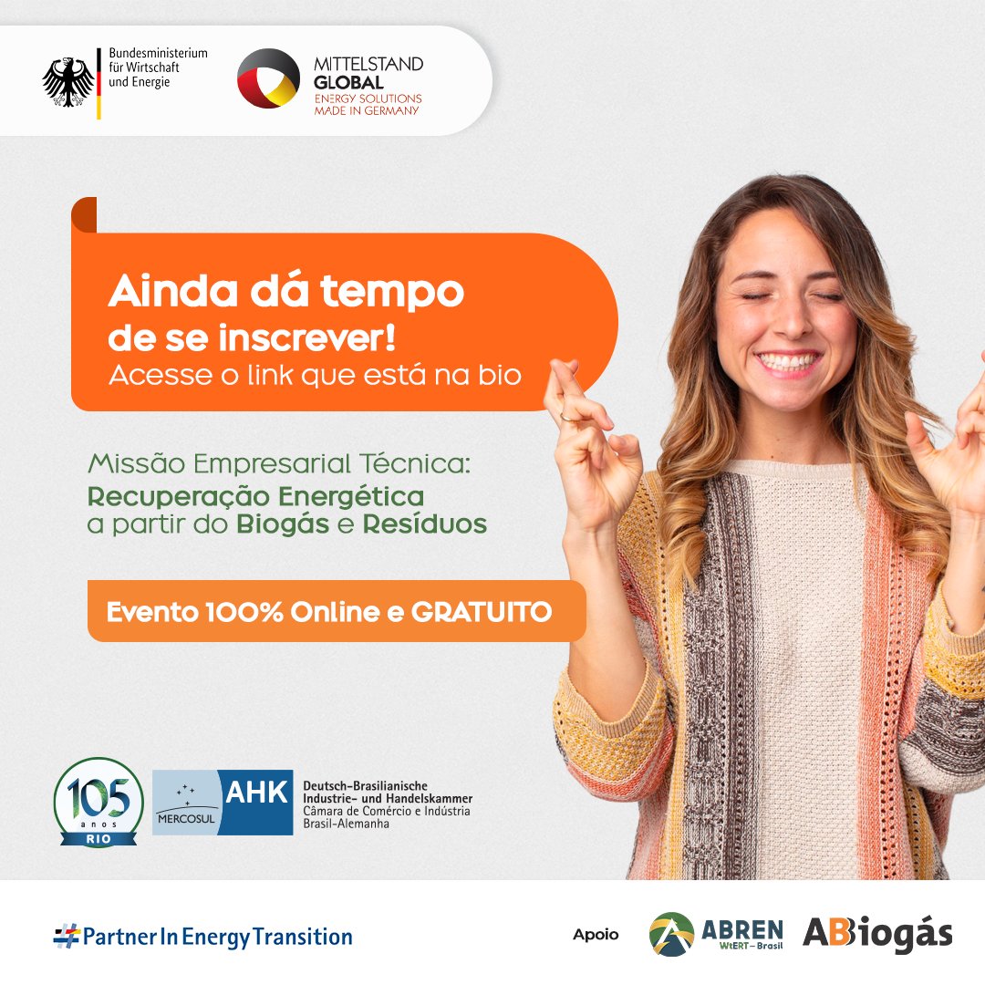 O evento "Missão Técnica: Recuperação Energética a partir do Biogás e Resíduos" promoverá reuniões individuais entre empresas brasileiras e alemãs durante os dias 27, 28 e 29 deste mês.
Garanta a sua inscrição! 🇩🇪 lnkd.in/drPwFdFt

#biogás 
#energiasrenováveis