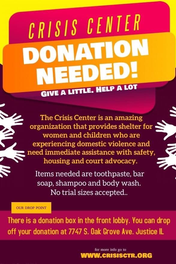 The Crisis Center could use some donations! If you have the means to, bring toothpaste, shampoo, bar soap or body wash to the donation box.