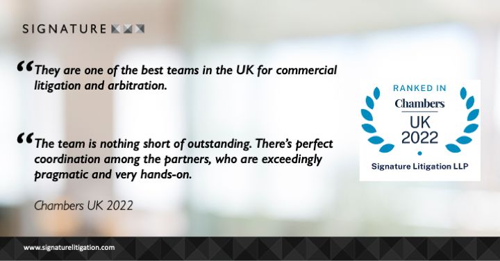 SignatureLitLLP's tweet photo. We are pleased to have been highly ranked in @ChambersGuides UK 2022 Guide https://t.co/V80raiJ5Fg https://t.co/Z4vlKkiefN