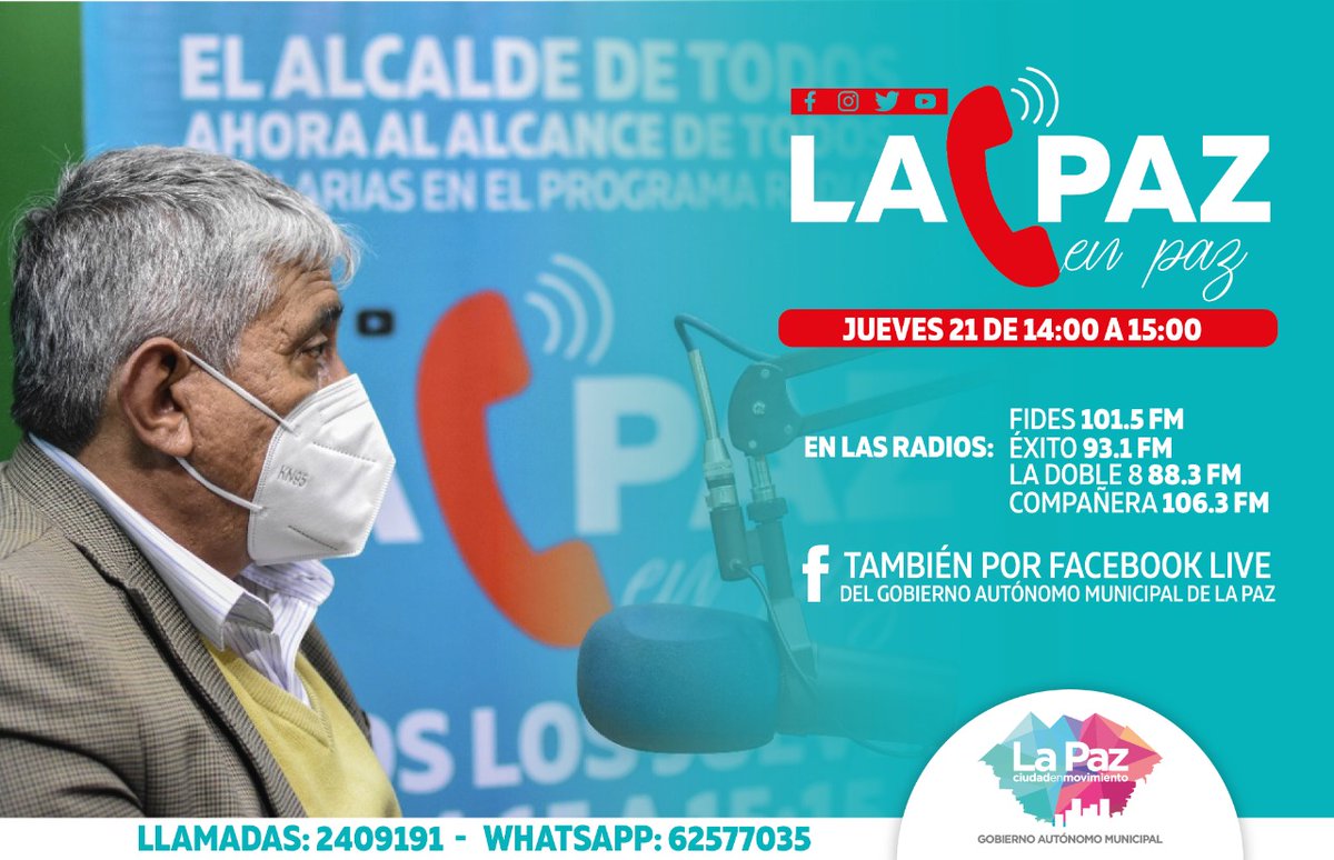 SMIPLaPaz's tweet photo. ¡No te pierdas del programa radial, junto al alcalde Iván Arias, a partir de las 14:00! 
#LaPazEnPaz https://t.co/S3KmcFM8BO