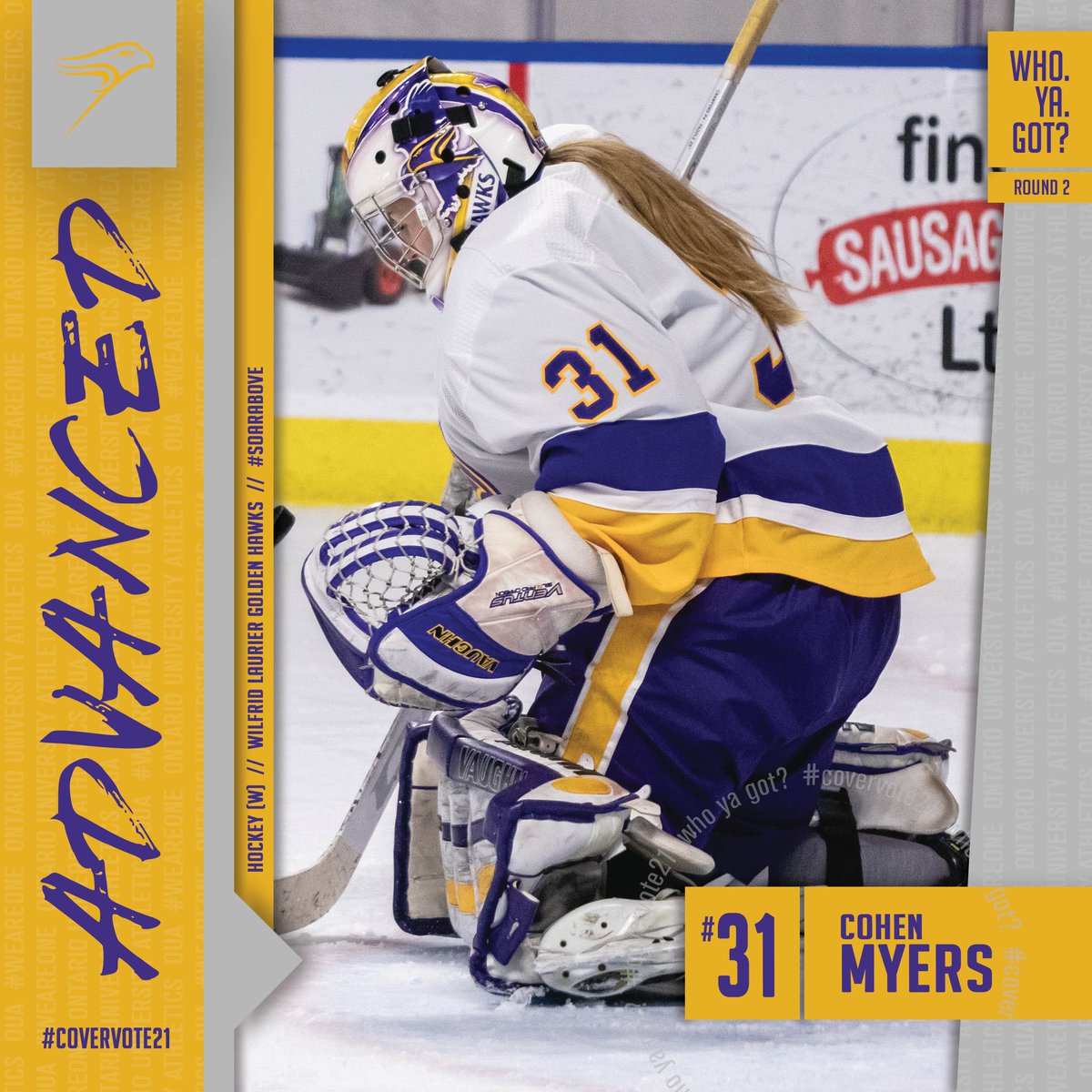 OUAsport's tweet photo. 𝗙𝗜𝗡𝗔𝗟𝗦 𝗕𝗢𝗨𝗡𝗗! 😤

And then there were two, as the inaugural 🇼🏒 #QuestForTheCover comes down to @WindsorLancers Maggie Peterson and @WLUAthletics Cohen Myers!

The final round of voting starts tomorrow at 12:00pm! 🗳️ 

#WeAreONE | #CoverVote21 https://t.co/KlTzkxBsQ6