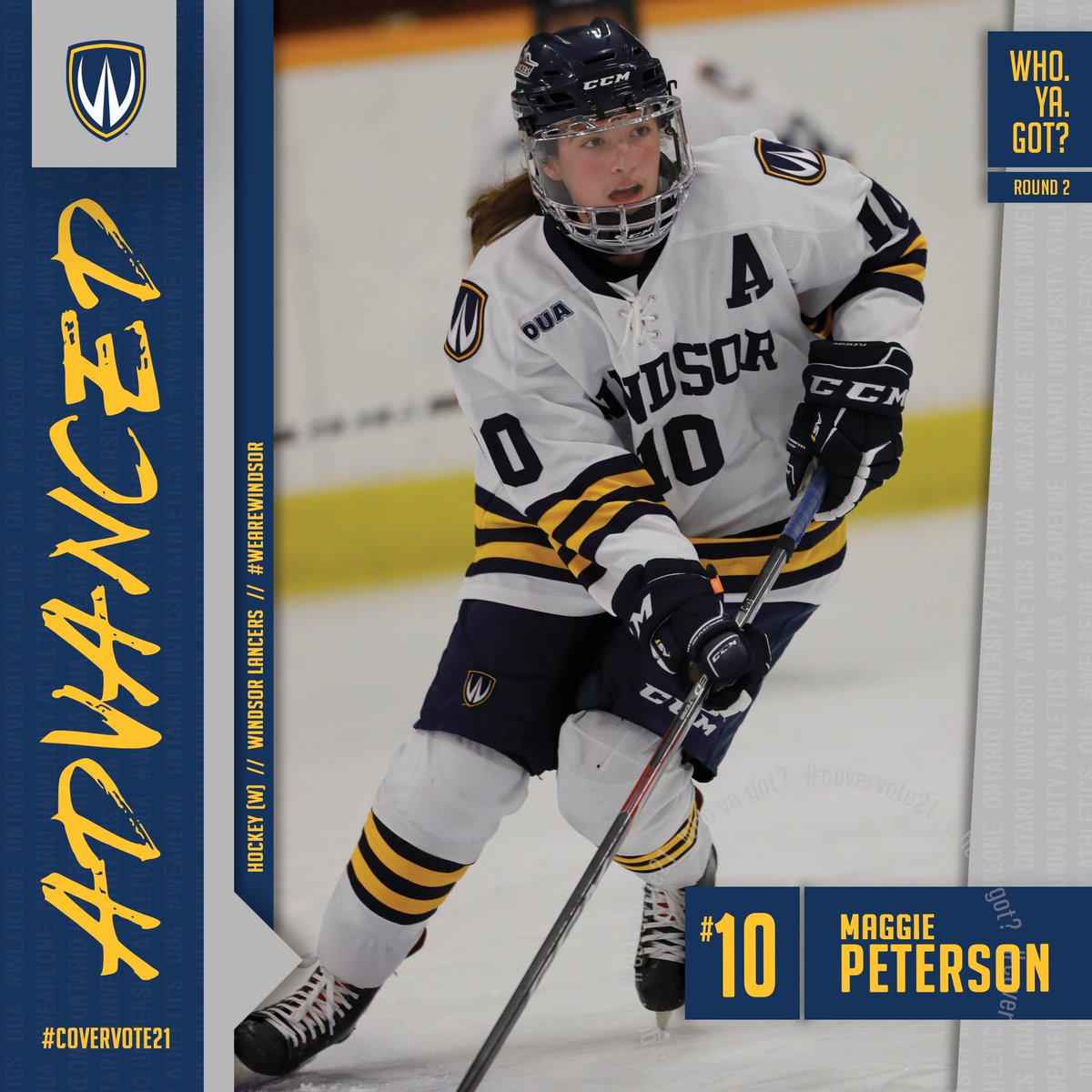 OUAsport's tweet photo. 𝗙𝗜𝗡𝗔𝗟𝗦 𝗕𝗢𝗨𝗡𝗗! 😤

And then there were two, as the inaugural 🇼🏒 #QuestForTheCover comes down to @WindsorLancers Maggie Peterson and @WLUAthletics Cohen Myers!

The final round of voting starts tomorrow at 12:00pm! 🗳️ 

#WeAreONE | #CoverVote21 https://t.co/KlTzkxBsQ6