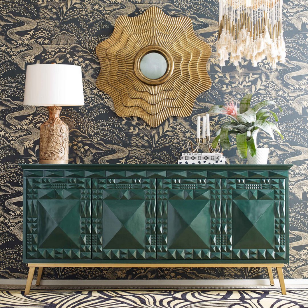 LJacobsenDesign's tweet photo. Inspired by Florence Broadhurst's Pyramids wallpaper pattern, @Selamat has developed this credenza which I love. The carved three-dimensional motif is lovely and the emerald color:  💚💚💚
#FindItStyleIt #MakeTimeForDesign #HowWeDwell #SimplyStyleYourSpace  #InspoToYourHome https://t.co/Dc9pYTEpfg