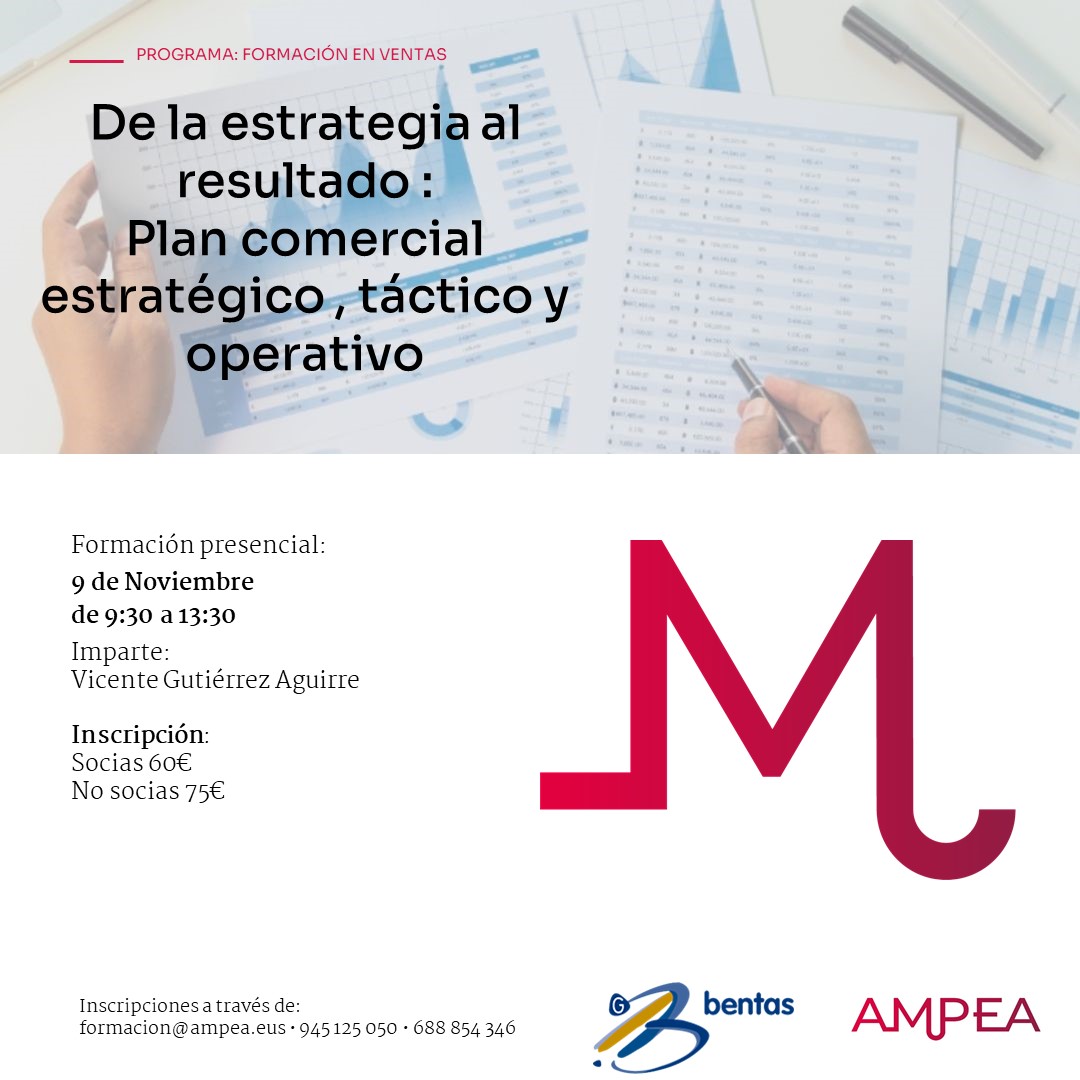 _Ampea_'s tweet photo. 👩📝Formación @AMPEA_MUJERES  especializada en ventas ‘De la estrategia al resultado: Plan comercial estratégico, táctico y operativo’, impartida por el @GrupoBentas   y liderada por Vicente Gutiérrez Aguirre
9 de noviembre en @camaradealava Inscripciones https://t.co/CHDnjPOYXO https://t.co/BIBo2rCTH3
