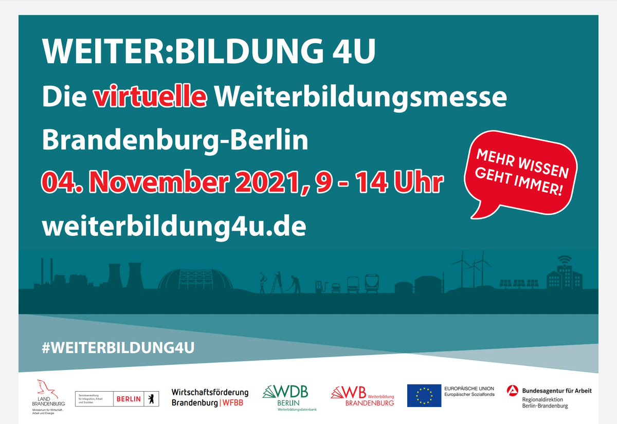 weichert_marcus's tweet photo. #Weiterbildung, #Qualifizierung, lebenslanges #Lernen...

Welche #Möglichkeiten gibt es und wie kann ich das umsetzen?

Die länderübergreifende Weiterbildungsmesse bietet mit knapp 100 Ausstellern Infos &amp;  Beratung.

Vorbeischauen lohnt - eine Anmeldung ist nicht erforderlich. https://t.co/HAvKZnqUDN