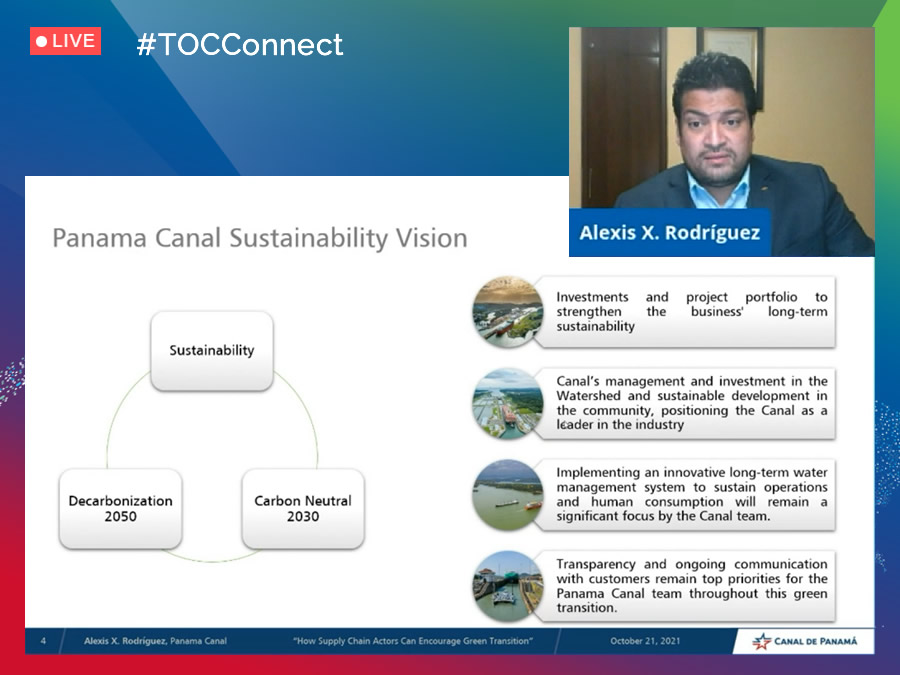 mundomaritimo's tweet photo. Alexis Rodríguez especialista del Canal de Panamá presenta "The Panama Canal: How Supply Chain Actors Can Encourage Green Transition" en #TOCConnect #Americas durante la sesión "Green Transition and Sustainability" @TOCWorldwide @canaldepanama @thepanamacanal @MarottaIlya https://t.co/Ng1dtXW9mN
