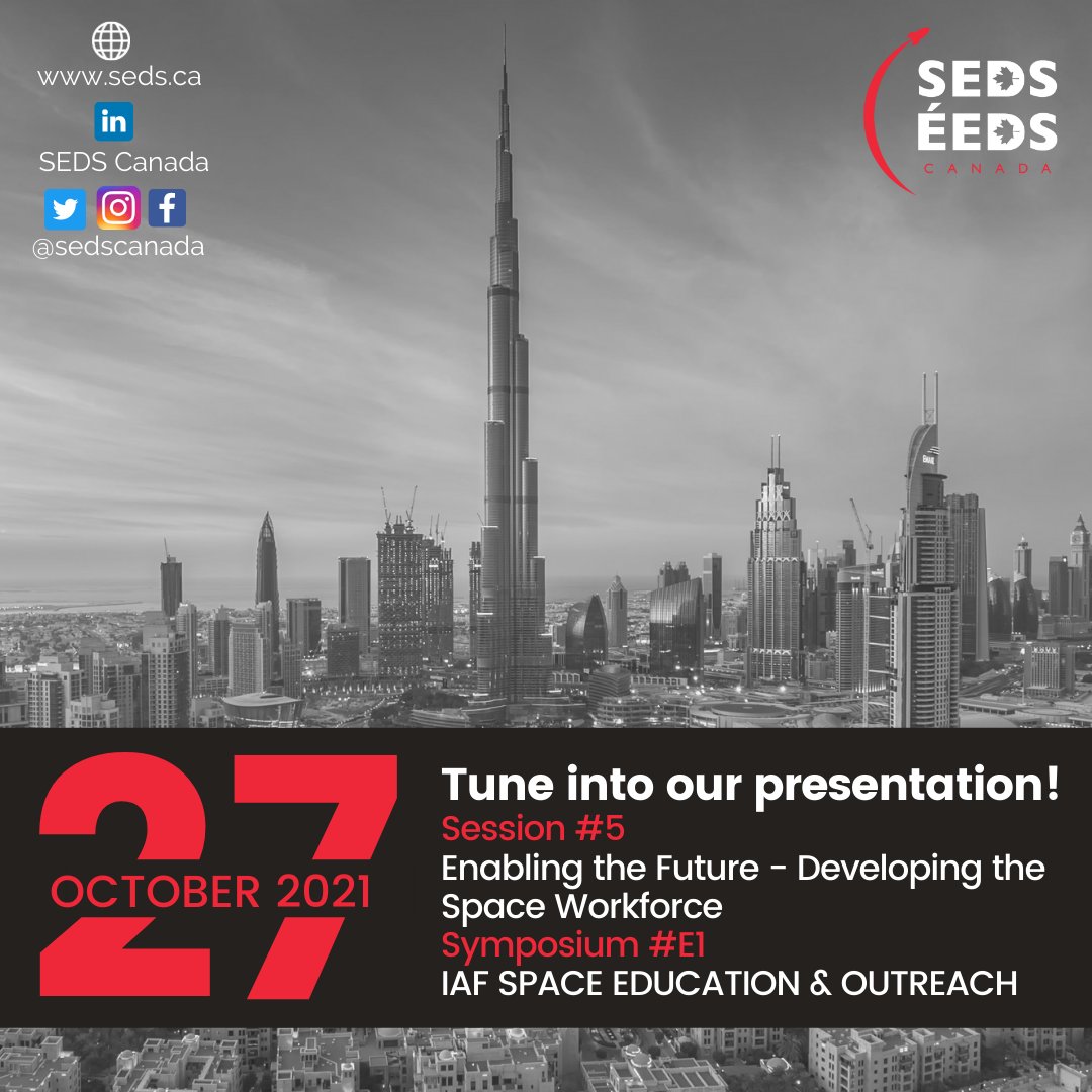 📣 Calling all Canadian Students attending #IAC2021 in person 

🇨🇦Connect with #SEDSCanada via DM or email and tune into our presentation on October 27!
Session 5: Enabling the Future - Developing the Space Workforce
Symposium E1: IAF Space Education &amp; Outreach

🤩See you there!