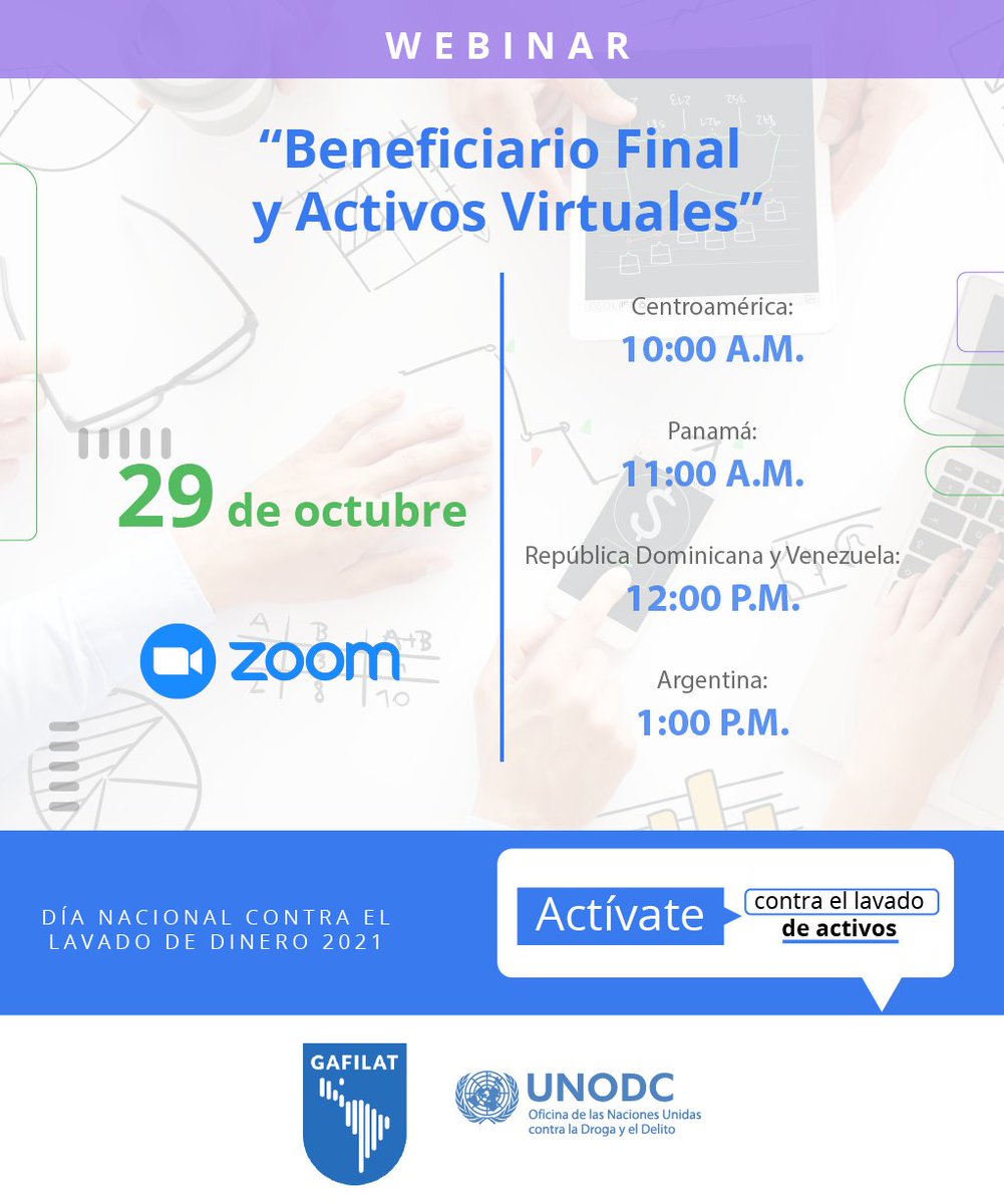 UNODC_ROPAN's tweet photo. 🗓️#AgendaLaFecha viernes 29 de octubre: Día contra el #ElLavadoDeActivos. 
🗣️ Webinar: BENEFICIARIO FINAL Y ACTIVOS VIRTUALES.
Regístrate 🔗https://t.co/iRZRDDXWp6 https://t.co/2soOh4jpkr