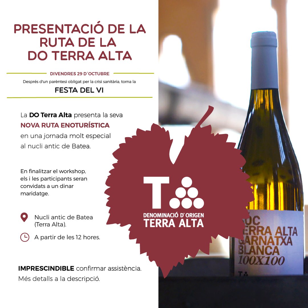 Ets un professional del sector turístic? Et convidem a la presentació de la #RutadelVi, un projecte que veurà la llum en les properes setmanes coincidint amb la #FestadelVi.

👉🏻 𝗜𝗠𝗣𝗥𝗘𝗦𝗖𝗜𝗡𝗗𝗜𝗕𝗟𝗘 
Confirmar assistència a: comunicacions@terraalta.cat