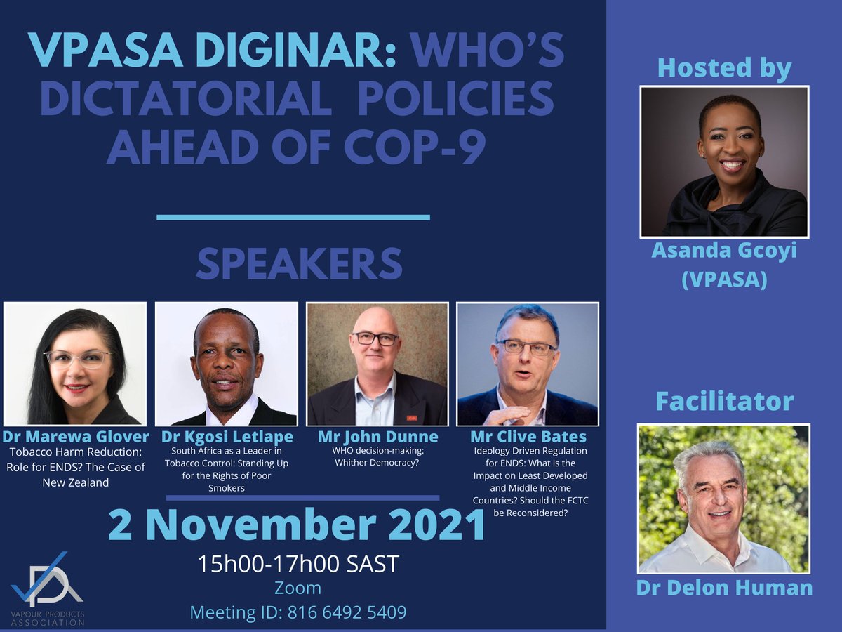 VPASouthAfrica's tweet photo. Our diginar speaker line-up is packed with #tobaccoharmreduction experts and riveting topics. You don't want to miss it!
Register for #free here: https://t.co/y0MzcUMRYb
#COP9 #VapeWithVPASA #VapeFacts https://t.co/4yMssDJDps
