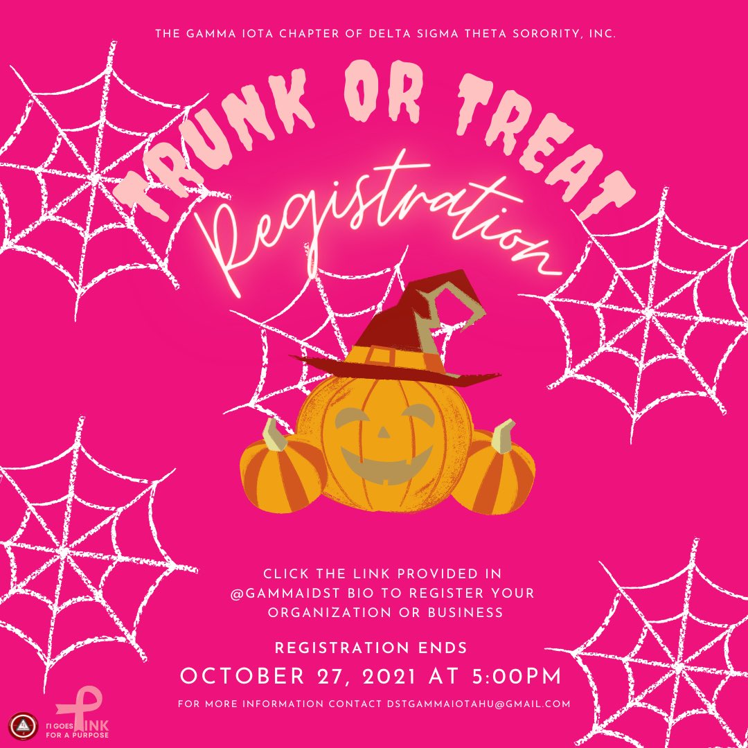 GammaIDST's tweet photo. The ladies of the Gamma Iota Chapter of Delta Sigma Theta Sorority, Inc. invite you to be a part of our annual Trunk or Treat event. Register your organization or business to participate by October 27th at 5:00 PM. Click the link in our bio to register.  #ΓΙgoespink https://t.co/cpucCv3HlL