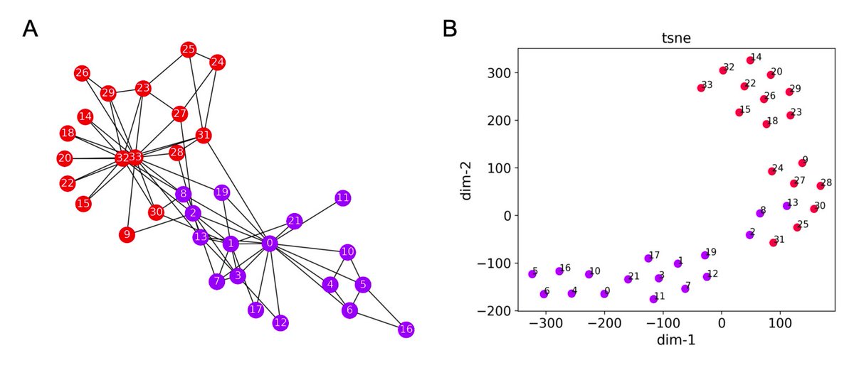 memgraphmage's tweet photo. Agraphkadabra! 🧙‍♂️

The time has come to show how powerful the #node2vec spell is. Imagine this being a social network, and connections being made if you had contact via private message. After embeddings are calculated and clustered (right), you see two communities (left). 

#ML https://t.co/yYKFx3xIhK