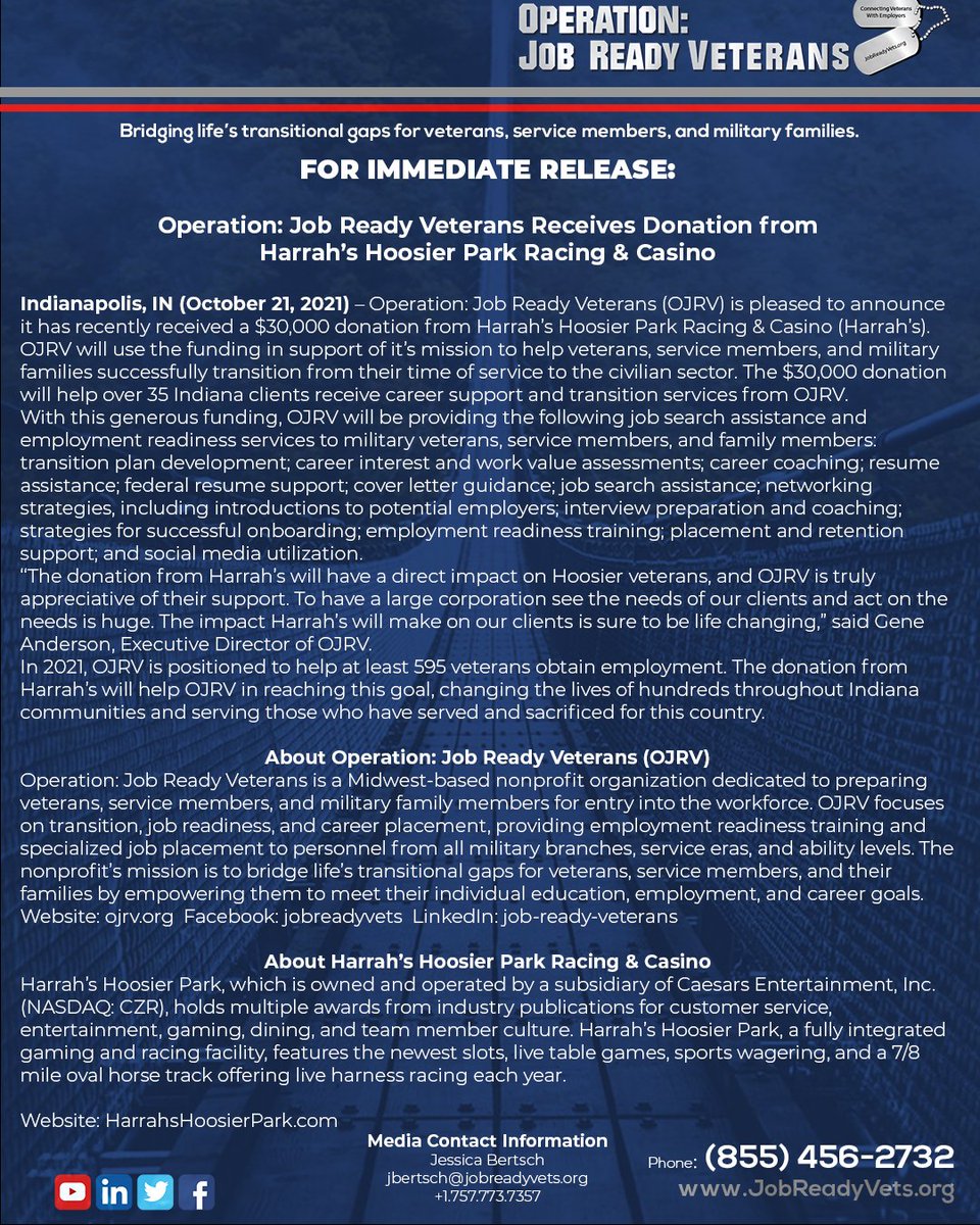Operation: Job Ready Veterans is pleased to announce it has recently received a donation from the Harrah's Hoosier Park Racing &amp; Casino. 

You can also click the link below to visit our website &amp; read our official press release: bit.ly/3vzuGfK

#partnershipsforthegoals