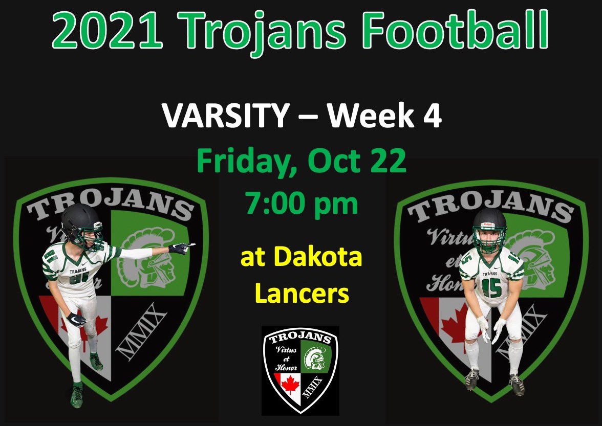 Week 4 has your 2-1 Varsity Trojans visiting
@dciLRSD Friday night at 7:00!

Spectators are NOT allowed on <a href="/louis_riel_sd/">Louis Riel School Division</a> grounds, but here is an online link to the game:

lrsd.tv

‘Virtus et Honor’
<a href="/icvmcwpg/">ICVMC - Wpg</a>
<a href="/PembinaTrails/">Pembina Trails SD</a>
<a href="/The_WHSFL/">The WHSFL</a>
<a href="/fbmanitoba/">Football Manitoba</a>
<a href="/chatfootball/">CanadaFootballChat</a>