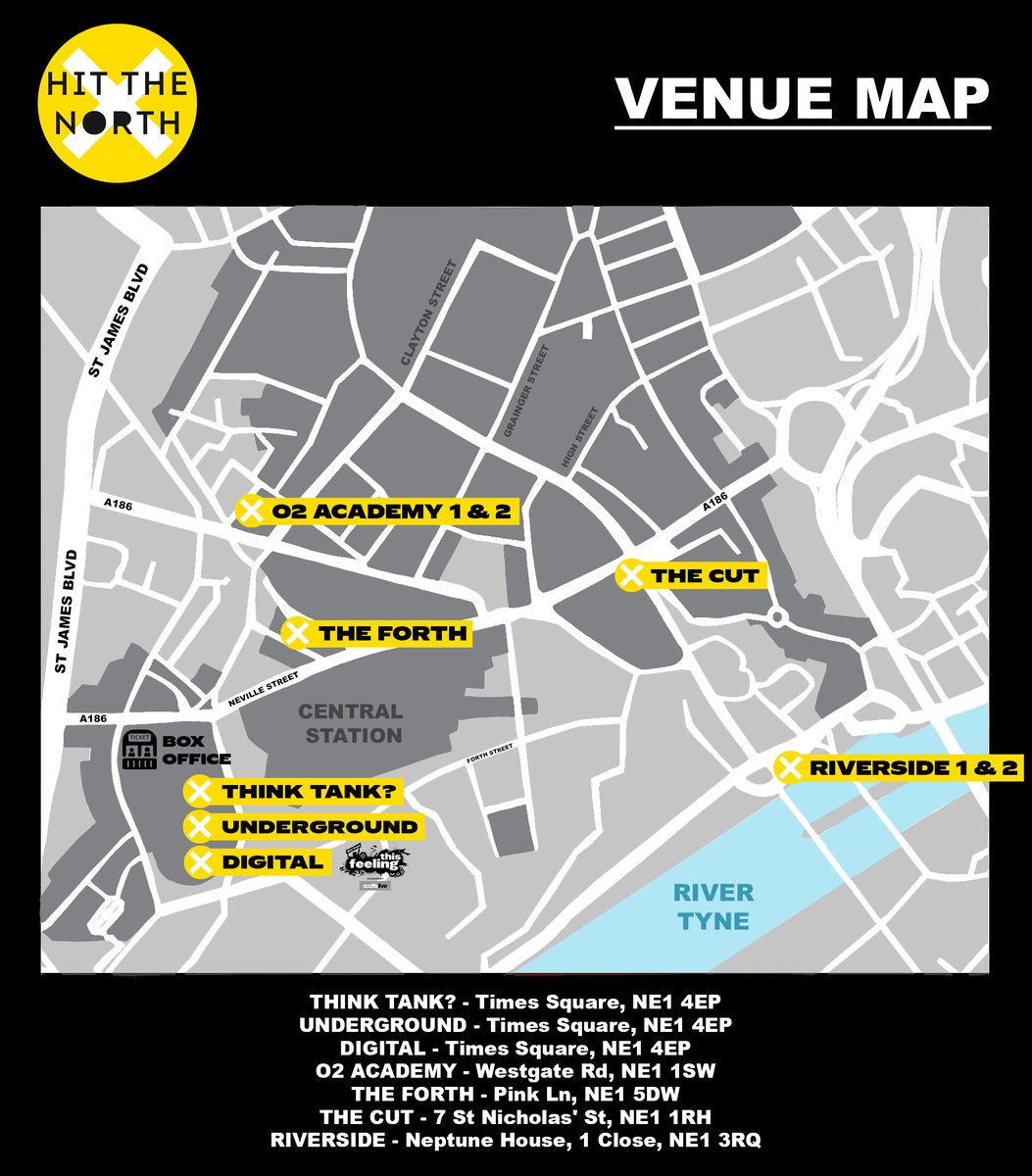 Here's your venues for HTN 🤘🥁 If you are attending the event you will need to head to the box office (located in Times Sq-next to Digital) first in order to exchange your ticket for a wristband. 🎟 Box office will be open from 11:30-19:30 COVID-19 info: hitthenorthfestival.co.uk/covid-19